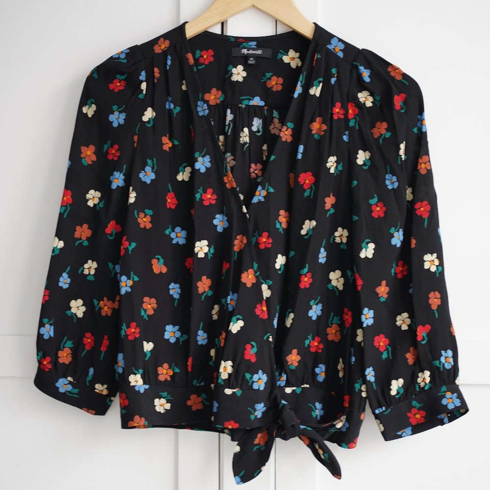 Madewell Wrap Top in Pressed Flowers, Black, XS